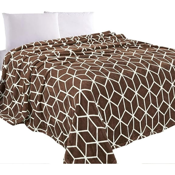 Elegant Comfort Luxury Velvety Feel Blanket, All-Season Lightweight Blanket, Ultra Plush, Soft, Flannel Fleece for Couch, Sofa, Bed, Travel, Cube Design, Full/Queen, Chocolate Brown