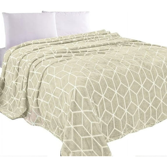 Elegant Comfort Luxury Velvety Feel Blanket, All-Season Lightweight Blanket, Ultra Plush, Soft, Flannel Fleece for Couch, Sofa, Bed, Travel, Cube Design, Twin/Twin XL, Cream