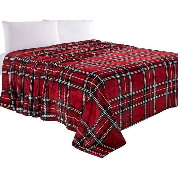 Elegant Comfort Luxury Velvety Feel Blanket, All-Season Lightweight Blanket, Ultra Plush, Soft, Flannel Fleece for Couch, Sofa, Bed, Travel, Plaid Design, Full/Queen, Burgundy