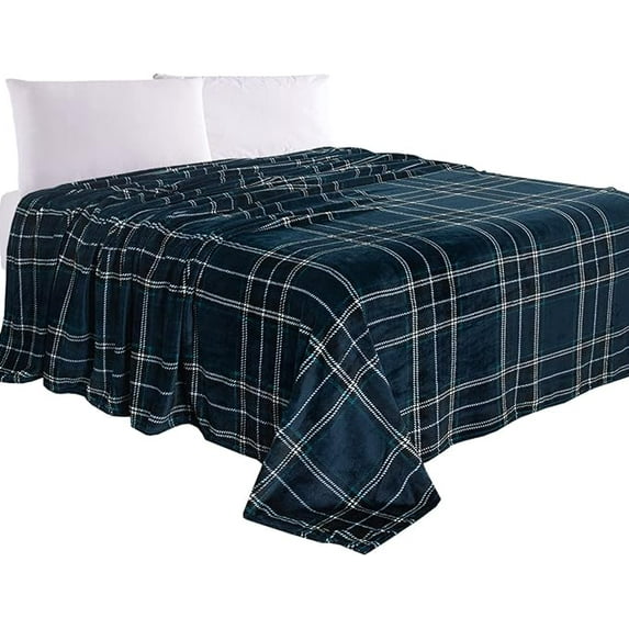 Elegant Comfort Luxury Velvety Feel Blanket, All-Season Lightweight Blanket, Ultra Plush, Soft, Flannel Fleece for Couch, Sofa, Bed, Travel, Plaid Design, Twin/Twin XL, Navy