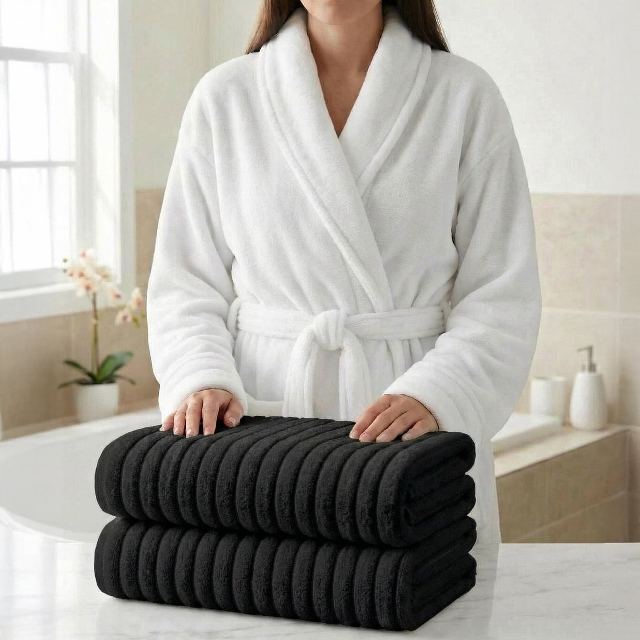 Elegant Comfort Men 3-Piece Spa Bath Set – Plush Bathrobe & 2 Ribbed Bath Towels, Thick Absorbent Hotel Quality Bathroom Essentials, Black Bath Towel, White Robe ,Large