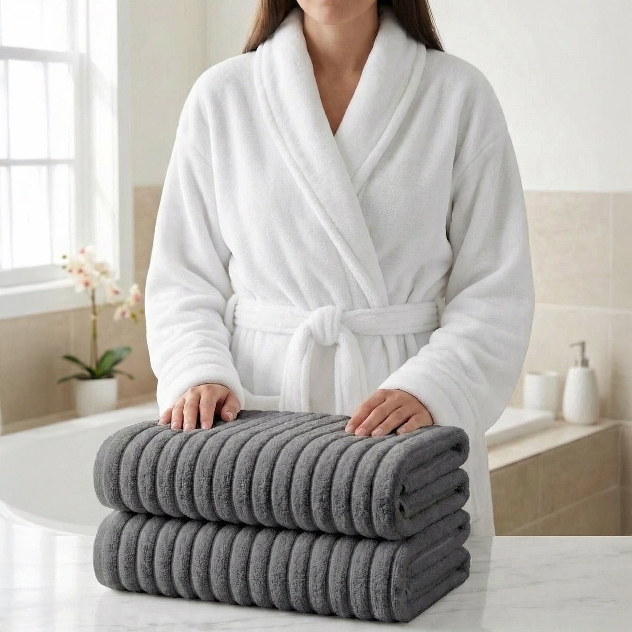 Elegant Comfort Men 3-Piece Spa Bath Set – Plush Bathrobe & 2 Ribbed Bath Towels, Thick Absorbent Hotel Quality Bathroom Essentials, Gray Bath Towel, White Robe ,X-Large