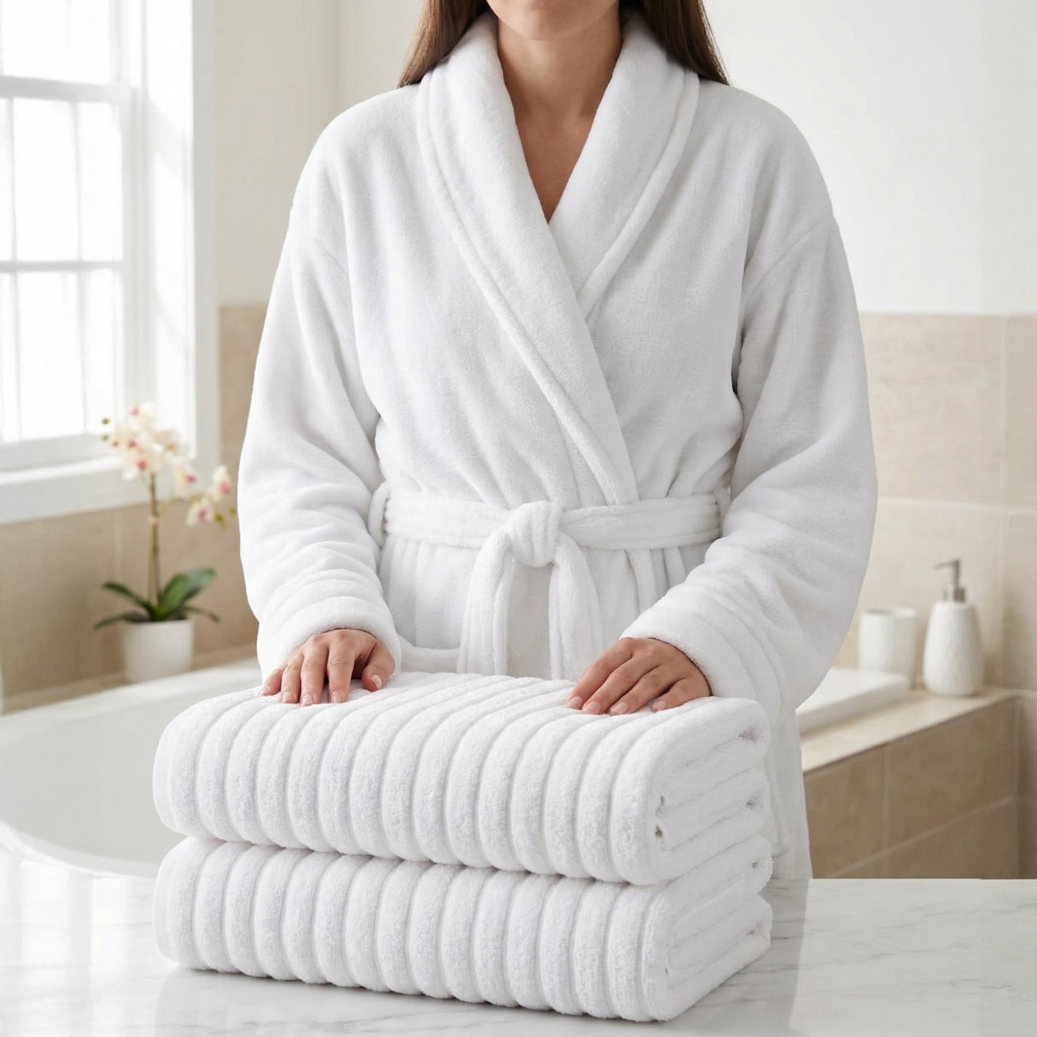 Elegant Comfort Men 3-Piece Spa Bath Set – Plush Bathrobe & 2 Ribbed Bath Towels, Thick Absorbent Hotel Quality Bathroom Essentials, White Bath Towel, White Robe ,Large