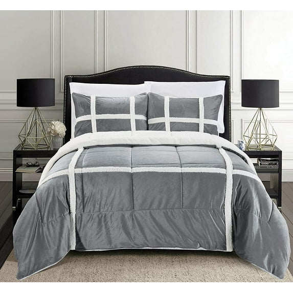 Elegant Comfort Micromink Stripe Lined Sherpa Solid Print Microfiber Reversible Comforter Set, Full/Queen, Gray, 10-Pieces