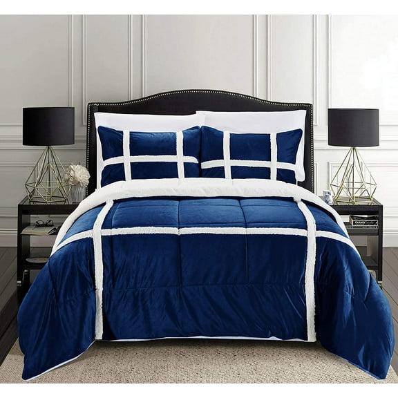 Elegant Comfort Micromink Stripe Lined Sherpa Solid Print Microfiber Reversible Comforter Set, King/California King, Navy Blue, 10-Pieces