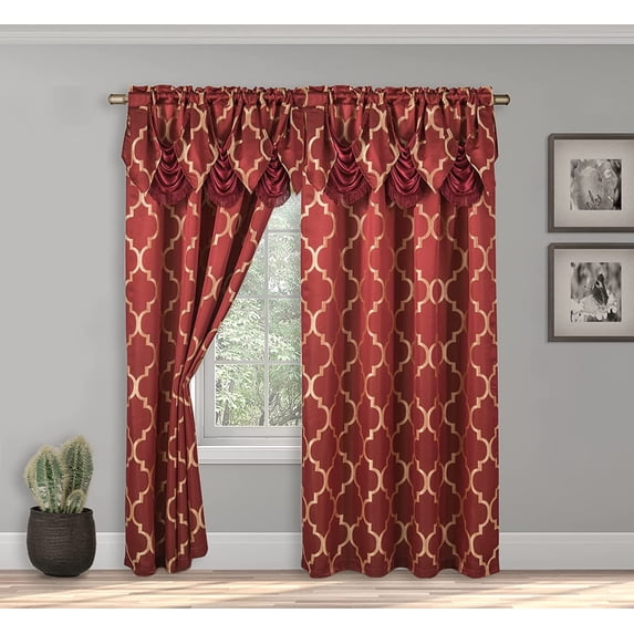 Elegant Comfort Moroccan Trellis Print, Jaquard Curtain Panels with Attached Pleated Valance, 2 inch Rod Pocket, Perfect for Bedroom, Living Room, 54 X 84 inches (Set of 2), Burgundy