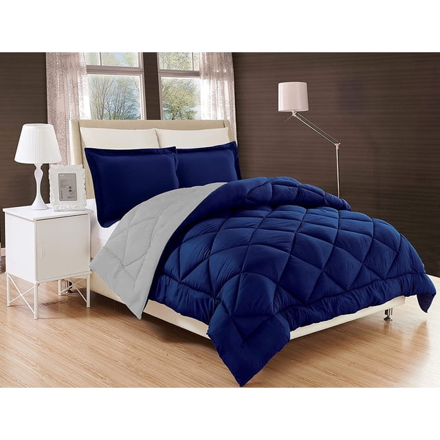 Elegant Comfort Navy Silver Reversible Comforter Set 3-Piece, King