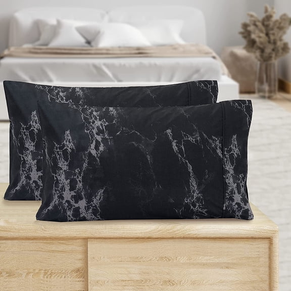 Elegant Comfort Pattern Printed Pillowcases 2-Piece Set, 1500 Thread Count Egyptian Quality Microfiber, Marble King Pilllowcase, Black