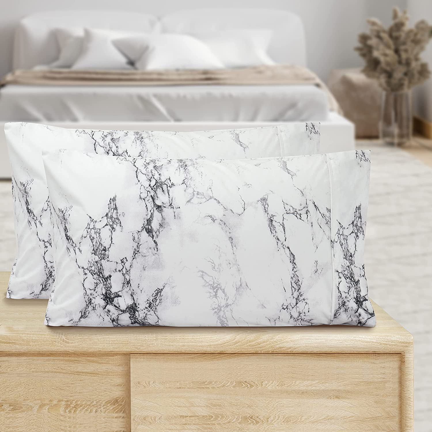 White Marble Pattern Microfiber Queen Pillowcase Set