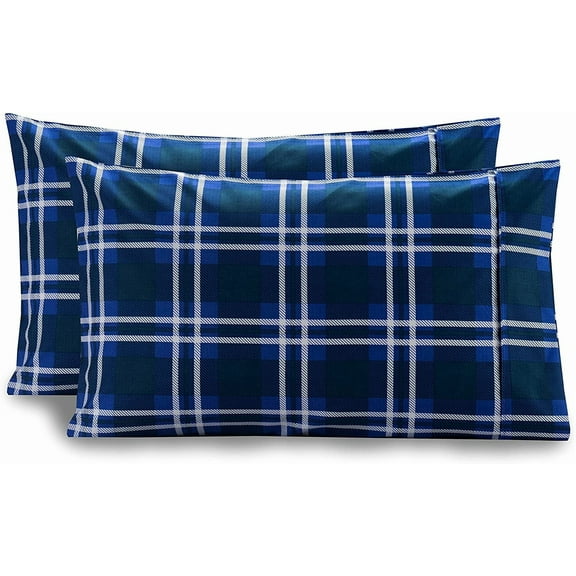 Elegant Comfort Pattern Printed Pillowcases 2-Piece Set Egyptian Quality 1500 Thread Count Timeless Classic Designs Soft and Smooth Weave, Wrinkle Resistant, Plaid Queen Pillowcase, Navy