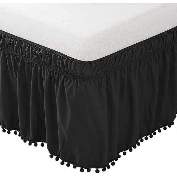 Elegant Comfort Pom-Pom Bed Skirt, 1-Piece, 16-Inch Drop, 1500 Series, Easy Wrap Around Elastic, Wrinkle Resistant, Queen/King, Black of Night