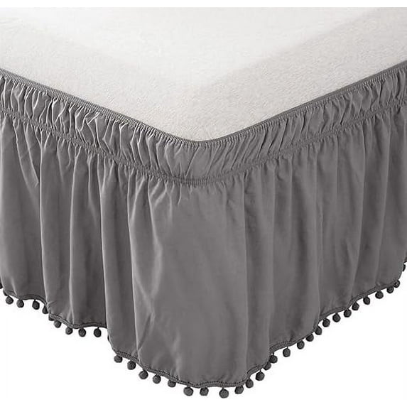 Elegant Comfort Pom-Pom Bed Skirt, 1-Piece, 16-Inch Drop, 1500 Series, Easy Wrap Around Elastic, Wrinkle Resistant, Twin/Full, Essential Gray