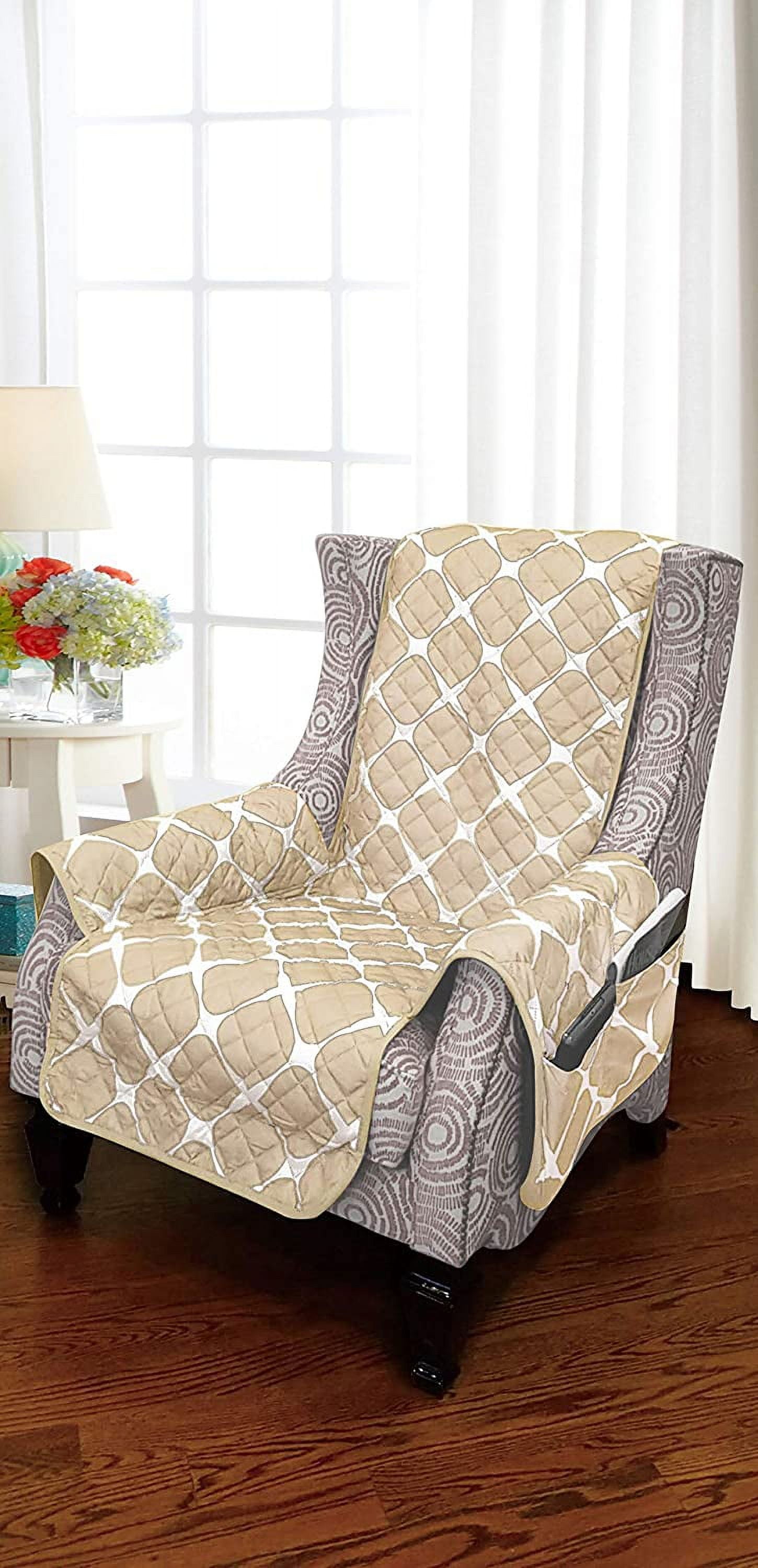 Elegant Comfort QUILTED REVERSIBLE FURNITURE PROTECTOR for Pet Dog Children Kids -2 TIES TO STOP SLIPPING OFF Treatment Microfiber As soft as Egyptian Cotton Cream/Taupe Wing Chair