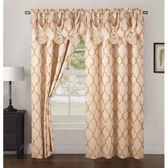 Elegant Comfort Quatrefoil Jaquard Look Curtains with Pleated Attached Valance, with Rod Pocket for Kitchen, Bedroom and Living Room (54 X 84-inches Long, Set of 2), Beige