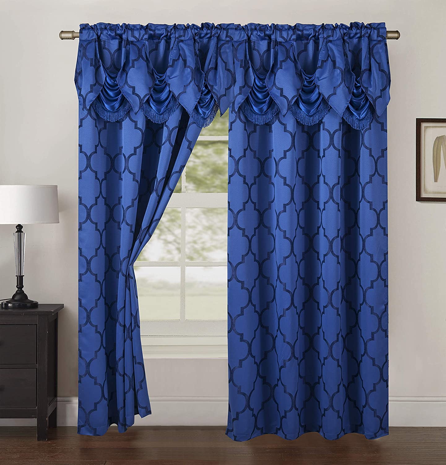 Elegant Comfort Quatrefoil Jaquard Look Curtains with Pleated Attached Valance, with Rod Pocket for Kitchen, Bedroom and Living Room (54 X 84-inches Long, Set of 2), Royal Blue