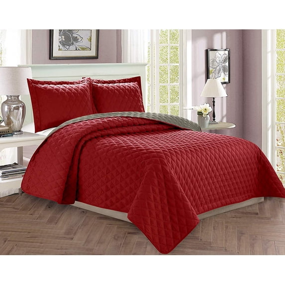 3 Piece Bedspread Coverlet Quilted Set with Shams FullQueen, Burgundy Gray