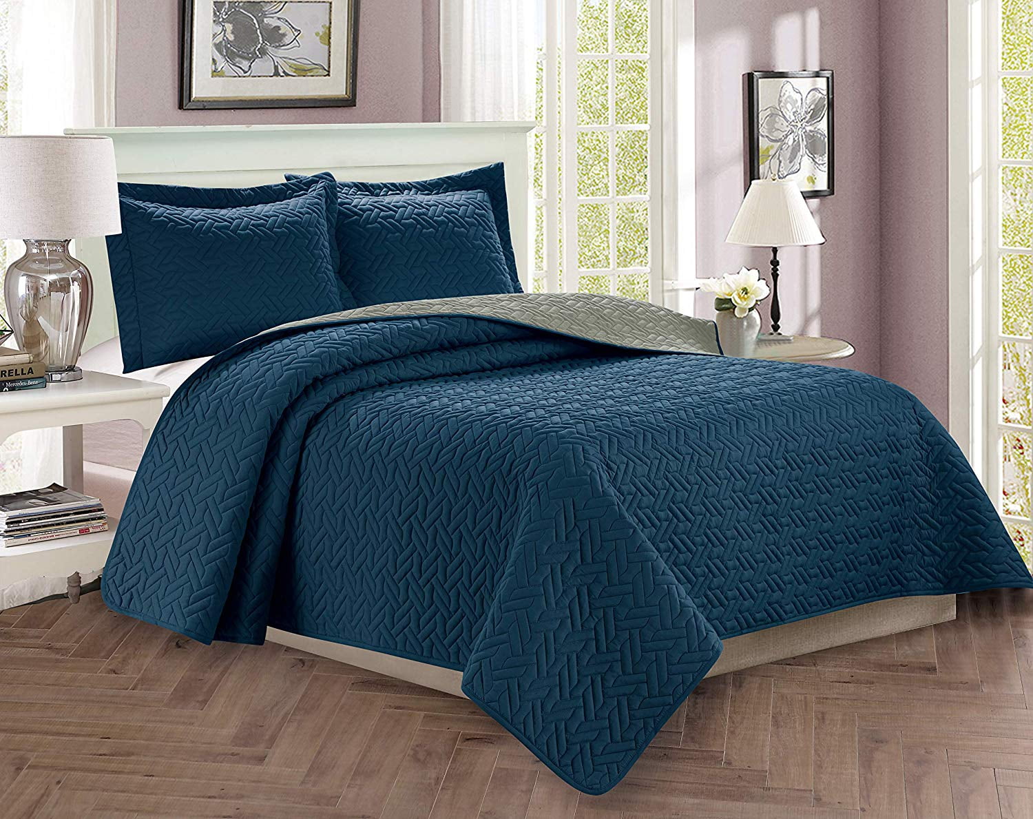 Celine Linen 2-Piece Bedspread Coverlet Quilted Set with Sham-Twin/Twin XL Navy Blue/Gray