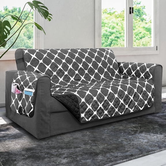 Elegant Comfort Quilted Furniture Protectors Solid and Printed Design Reversible Slipcovers Featuring Elastic Straps and Smart Pockets Great for Pets, Kids and More, Bloomingdale Loveseat, Gray/Black
