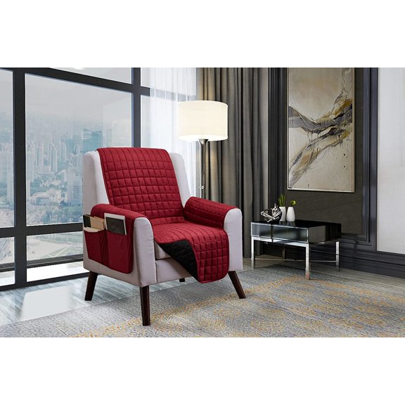 Elegant Comfort Quilted Furniture Protectors Solid and Printed Design Reversible Slipcovers Featuring Elastic Straps and Smart Pockets Great for Pets, Kids and More, Chair, Burgundy/Black