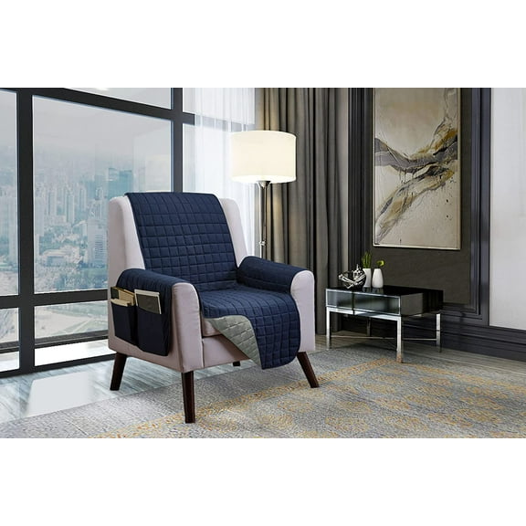Elegant Comfort Quilted Furniture Protectors Solid and Printed Design Reversible Slipcovers Featuring Elastic Straps and Smart Pockets Great for Pets, Kids and More, Chair, Navy/Gray