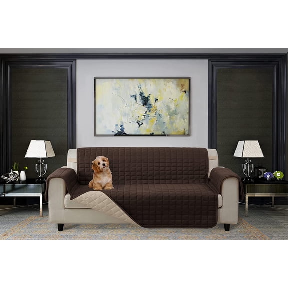 Elegant Comfort Quilted Furniture Protectors Solid and Printed Design Reversible Slipcovers Featuring Elastic Straps and Smart Pockets Great for Pets, Kids and More, Oversized Sofa, Brown/Cream