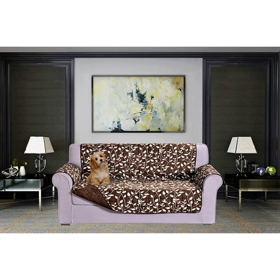 Elegant Comfort Quilted Furniture Protectors Solid and Printed Design Reversible Slipcovers Featuring Elastic Straps and Smart Pockets Great for Pets, Kids and More, Smart Leaf Loveseat, Brown