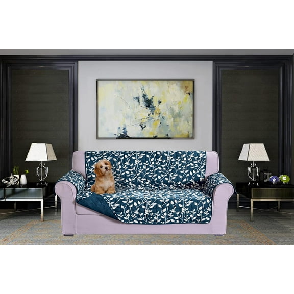 Elegant Comfort Quilted Furniture Protectors Solid and Printed Design Reversible Slipcovers Featuring Elastic Straps and Smart Pockets Great for Pets, Kids and More, Smart Leaf Chair, Navy