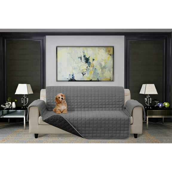 Elegant Comfort Quilted Furniture Protectors Solid and Printed Design Reversible Slipcovers Featuring Elastic Straps and Smart Pockets Great for Pets, Kids and More, Sofa, Gray/Black