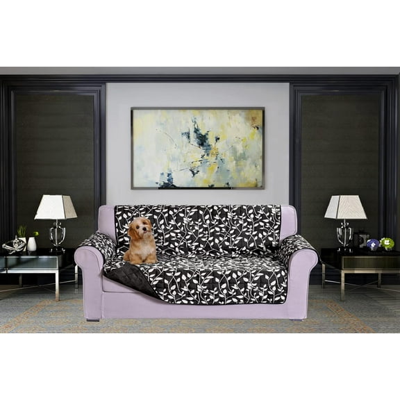 Elegant Comfort Quilted Furniture Protectors Solid and Printed Design Reversible Slipcovers Featuring Elastic Straps and Smart Pockets Great for Pets, Kids and More, Smart Leaf Sofa, Black
