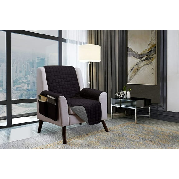 Elegant Comfort Quilted Furniture Protectors Solid and Printed Design Reversible Slipcovers Featuring Elastic Straps and Smart Pockets Great for Pets, Kids and More, Wing Chair, Black/Gray
