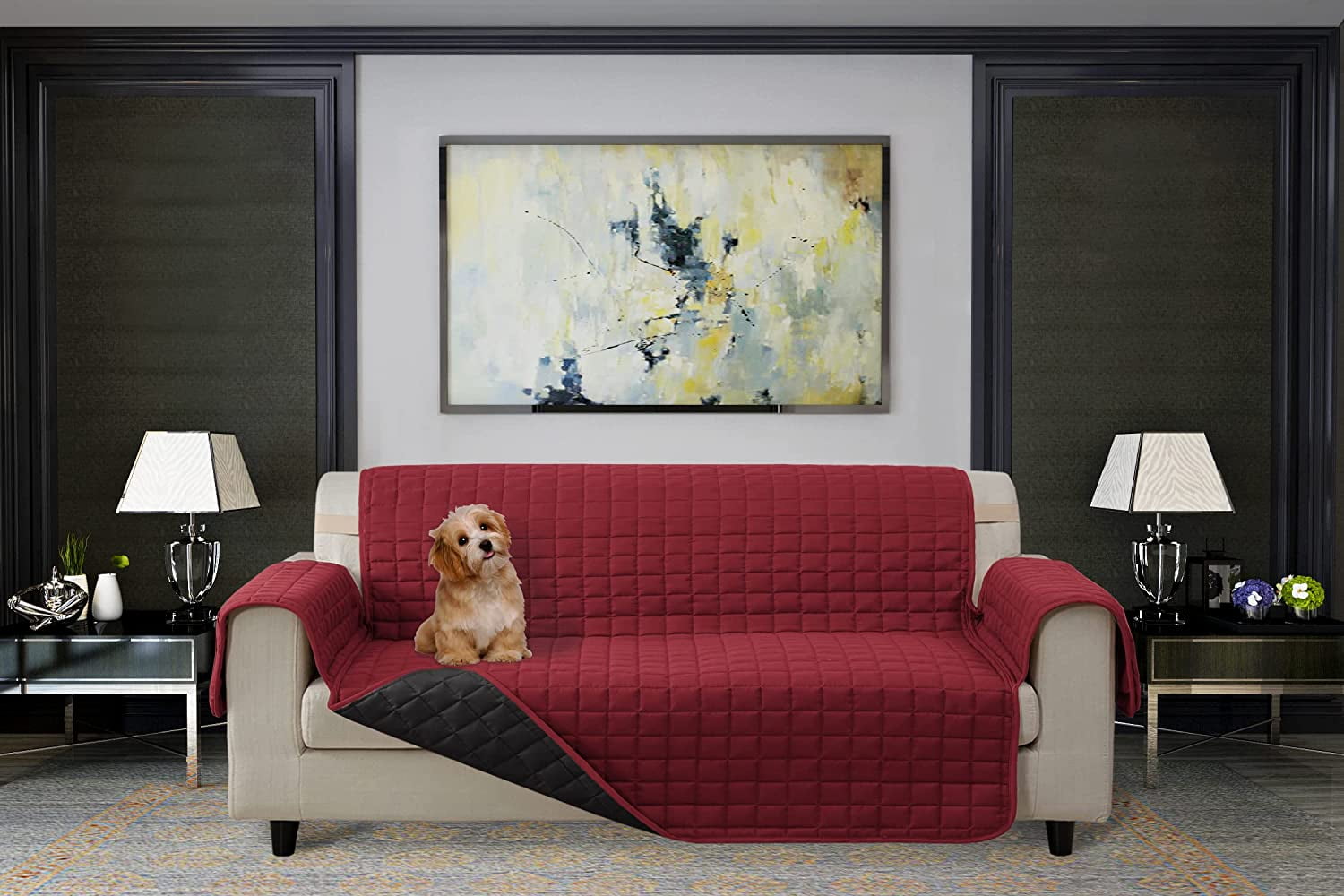 Elegant Comfort Quilted Furniture Protectors Solid and Printed Design Reversible Slipcovers Featuring Elastic Straps and Smart Pockets Great for Pets,Sofa Size Burgundy Black