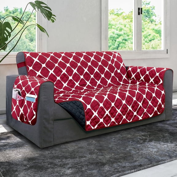 Elegant Comfort Quilted Furniture Protectors Solid and Printed Design Reversible Slipcovers Featuring Great for Pets, Kids and More, Bloomingdale Oversized Sofa, Burgundy/Black