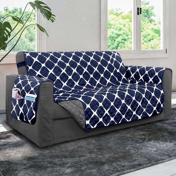 Elegant Comfort Quilted Furniture Protectors Solid and Printed Design Reversible Slipcovers Featuring Great for Pets, Kids and More, Bloomingdale Wing Chair, Navy/Gray