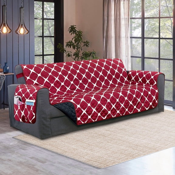 Elegant Comfort Quilted Sofa Cover, Water Resistant Slipcover Furniture Protector, Washable Couch Cover with Non Slip, Bloomingdale Sofa, Burgundy/Black