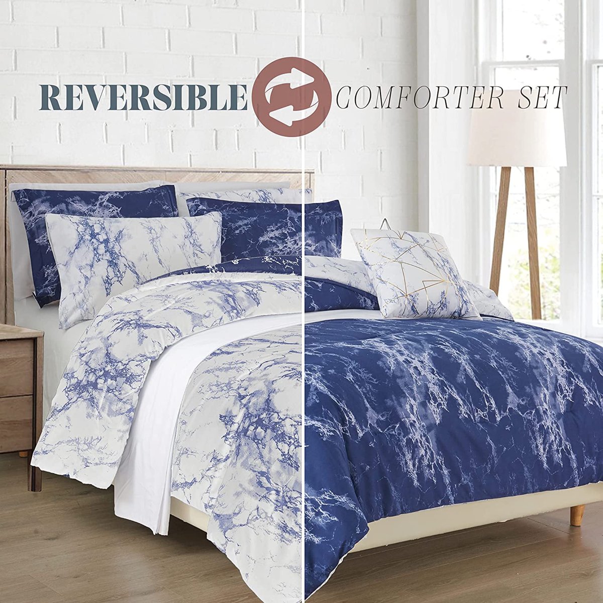 Elegant Comfort Reversible 10-Piece Comforter Set, Marble Print, Decorative Pillow and Fitted Sheet with Smart Pockets, Soft, Plush, & Lightweight Material, 10pc Marble, Queen, Navy/White