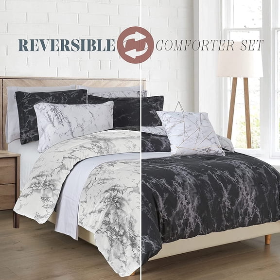 Elegant Comfort Reversible 10-Piece Comforter Set, Marble Print, Decorative Pillow and Fitted Sheet with Smart Pockets, Soft, Plush, & Lightweight Material, 10pc Marble, Queen, Black/White
