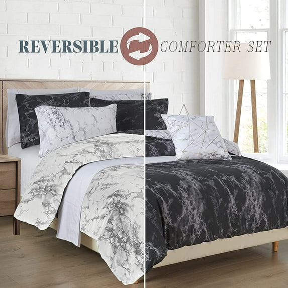 Elegant Comfort Reversible 10-Piece Comforter Set, Marble Print, Decorative Pillow and Fitted Sheet with Smart Pockets, Soft, Plush, & Lightweight Material, 10pc Marble, Twin XL, Black/White