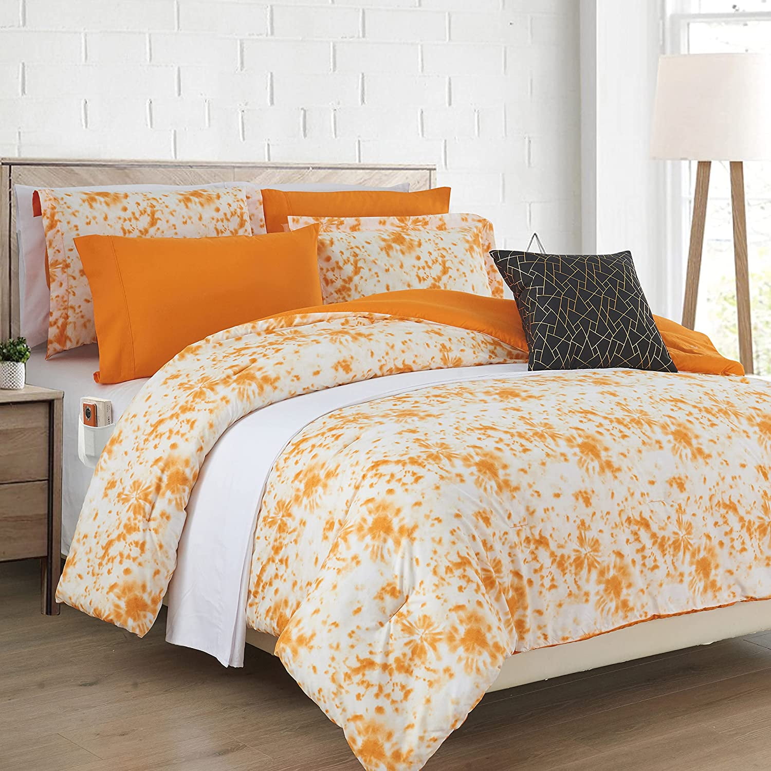 Elegant Comfort Reversible 10-Piece Comforter Set, Tie-Dye Print,  Decorative Pillow and Fitted Sheet with Smart Pockets, Soft, Plush,  Lightweight Material, 10pc Tie-Dye Set, Queen, Orange 