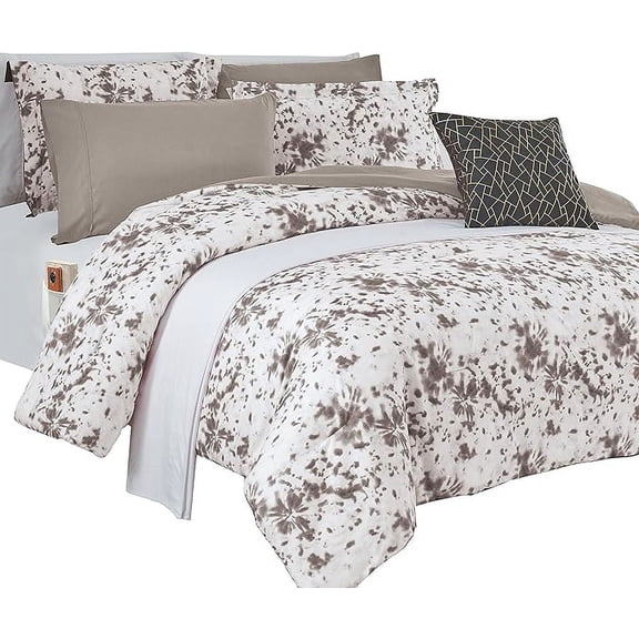 Elegant Comfort Reversible 10-Piece Comforter Set, Tie-Dye Print, Decorative Pillow and Fitted Sheet with Smart Pockets, Soft, Plush, Lightweight Material, 10pc Tie-Dye Set, Cali King, Gray