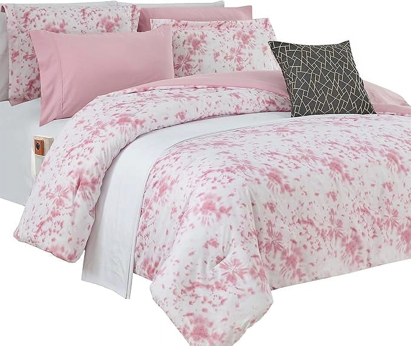 Elegant Comfort Reversible 10-Piece Comforter Set, Tie-Dye Print, Decorative Pillow and Fitted Sheet with Smart Pockets, Soft, Plush, Lightweight Material, 10pc Tie-Dye Set, Full, Light Pink