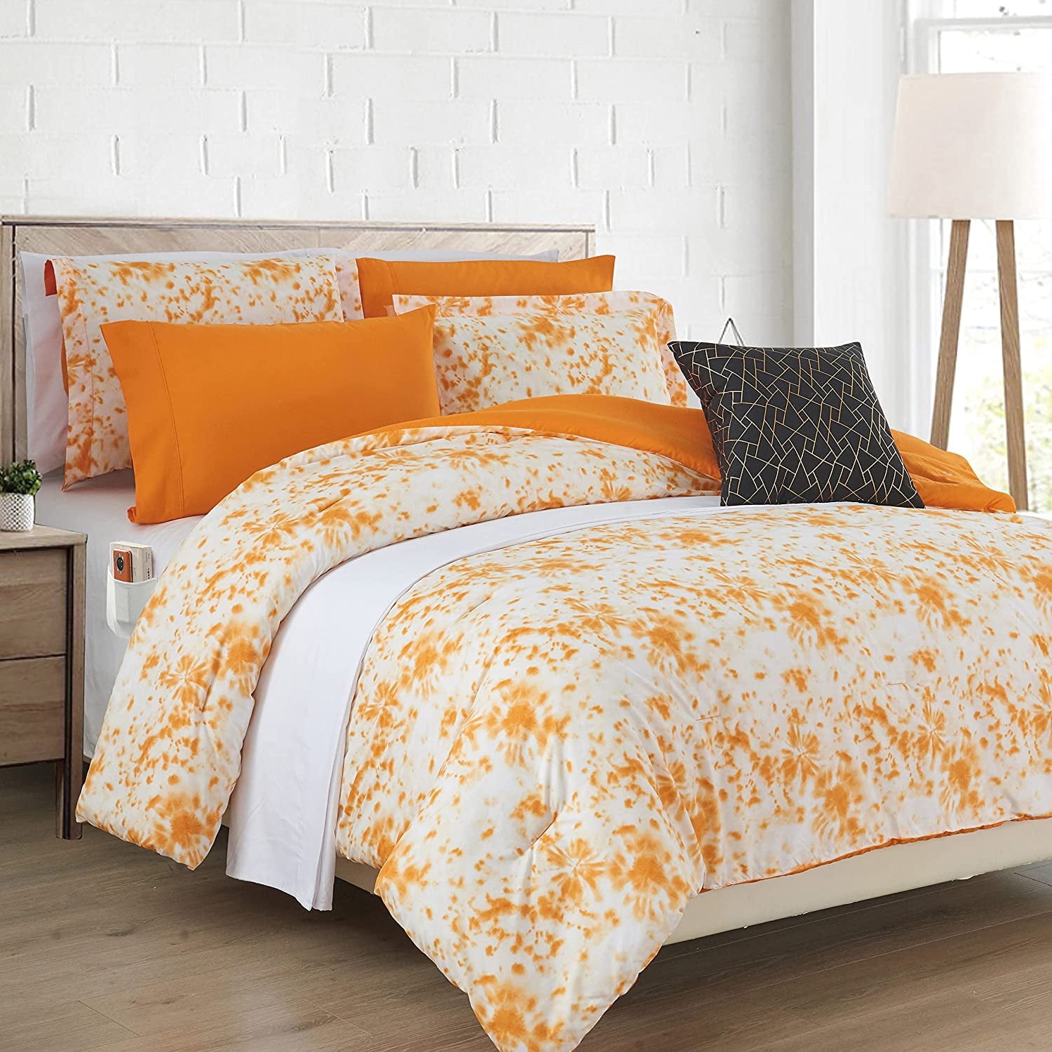 Elegant Comfort Reversible 10-Piece Comforter Set, Tie-Dye Print, Decorative Pillow and Fitted Sheet with Smart Pockets, Soft, Plush, Lightweight Material, 10pc Tie-Dye Set, Full, Orange