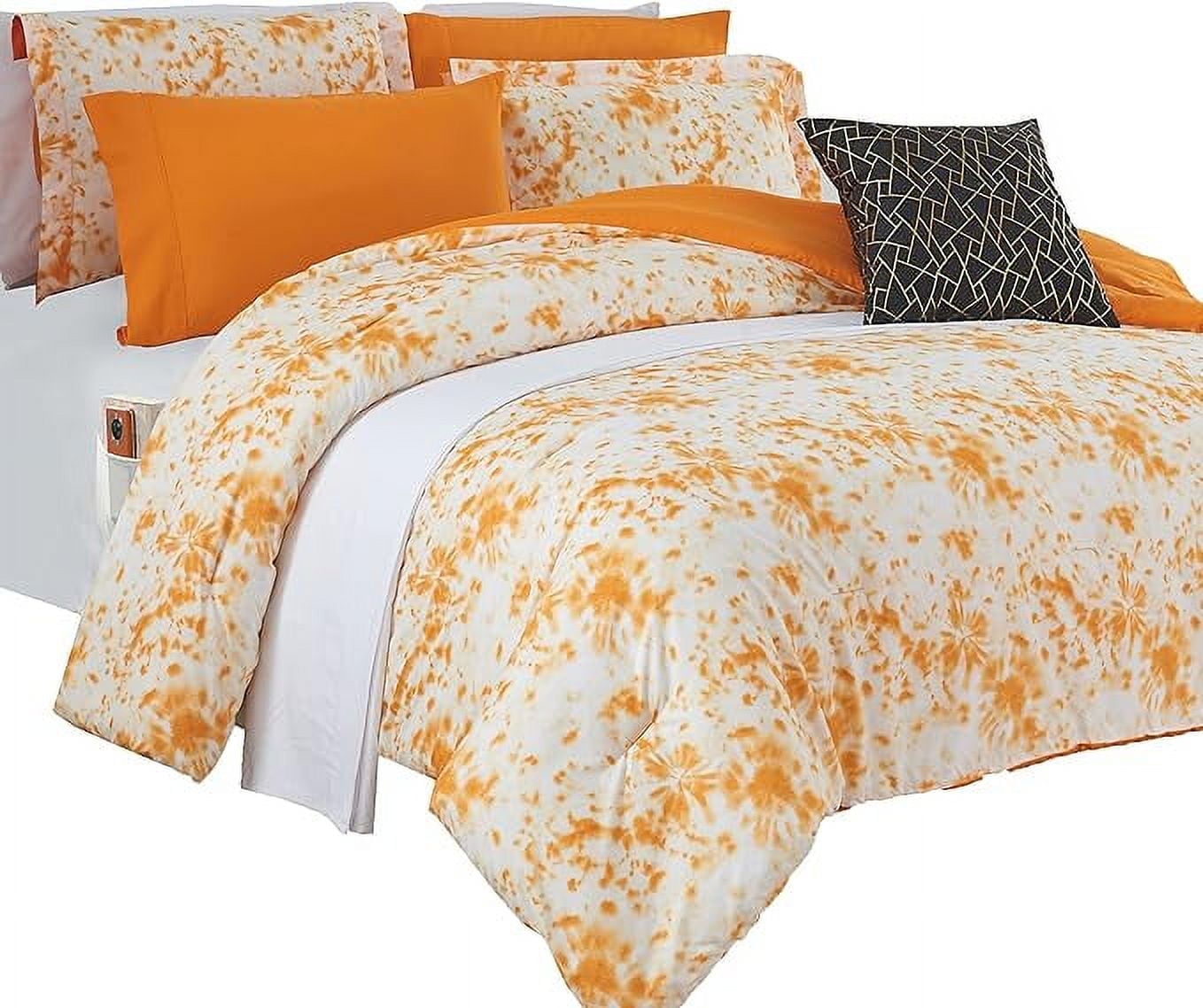 Elegant Comfort Reversible 10-Piece Comforter Set, Tie-Dye Print, Decorative Pillow and Fitted Sheet with Smart Pockets, Soft, Plush, Lightweight Material, 10pc Tie-Dye Set, Full, Orange