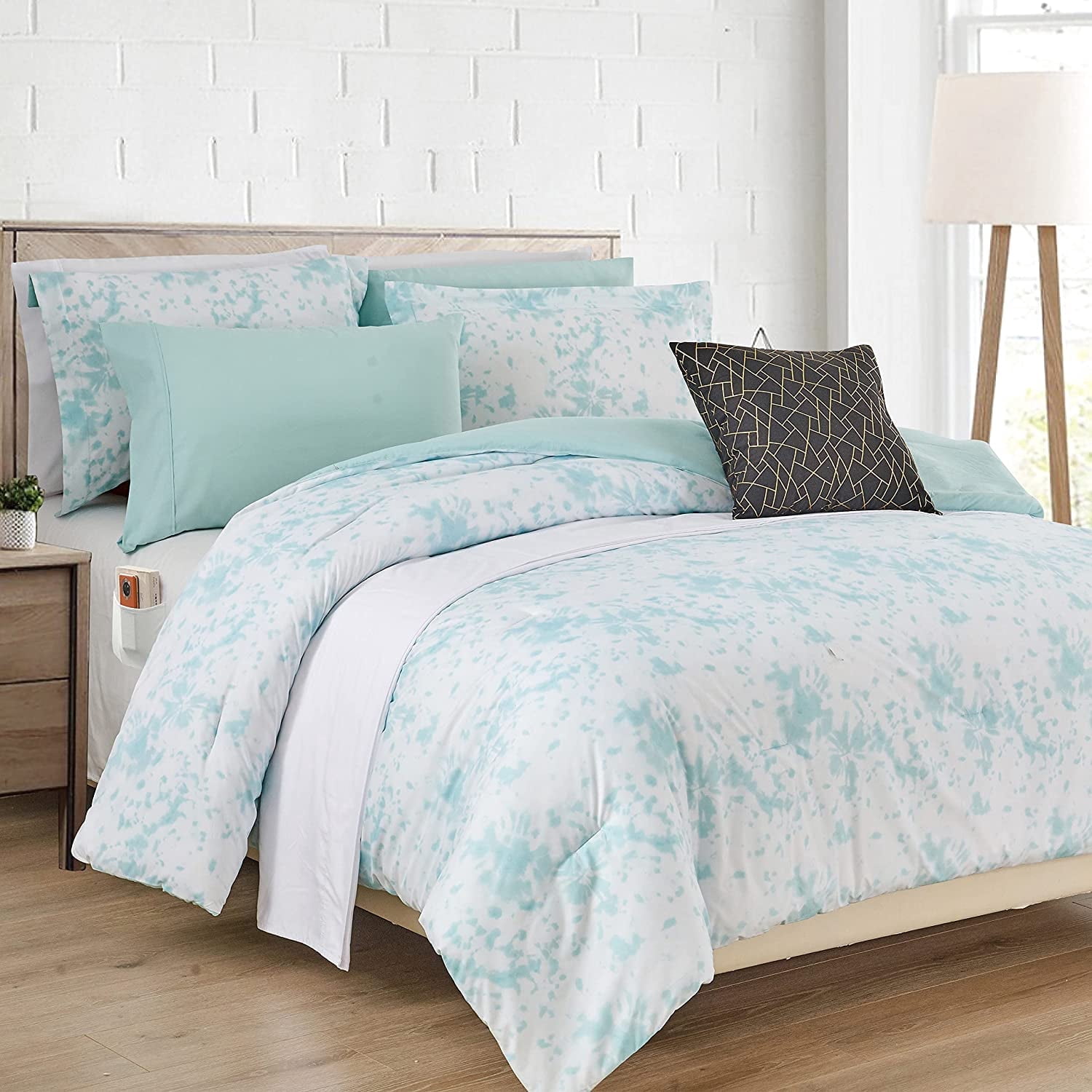 Elegant Comfort Reversible 10-Piece Comforter Set, Tie-Dye Print, Decorative Pillow and Fitted Sheet with Smart Pockets, Soft, Plush, Lightweight Material, 10pc Tie-Dye Set, Full, Aqua Mint