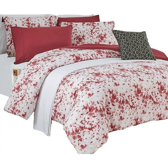 Elegant Comfort Reversible 10-Piece Comforter Set, Tie-Dye Print, Decorative Pillow and Fitted Sheet with Smart Pockets, Soft, Plush, Lightweight Material, 10pc Tie-Dye Set, Full, Burgundy
