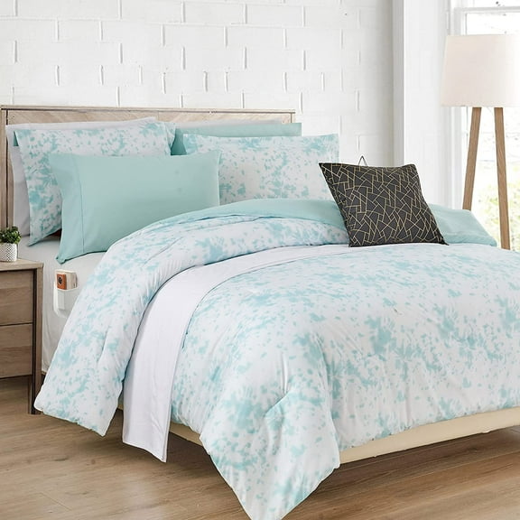 Elegant Comfort Reversible 10-Piece Comforter Set, Tie-Dye Print, Decorative Pillow and Fitted Sheet with Smart Pockets, Soft, Plush, Lightweight Material, 10pc Tie-Dye Set, Twin, Aqua Mint