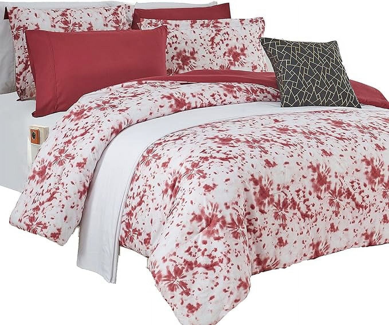 Elegant Comfort Reversible 10-Piece Comforter Set, Tie-Dye Print, Decorative Pillow and Fitted Sheet with Smart Pockets, Soft, Plush, Lightweight Material, 10pc Tie-Dye Set, Full, Burgundy
