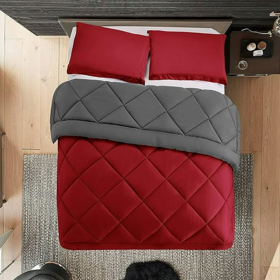 Elegant Comfort Reversible 3-Piece Comforter Set All Season, Ultra Soft, Down Alternative Comforter, 3PC Comf-F/Q, Red/Gray