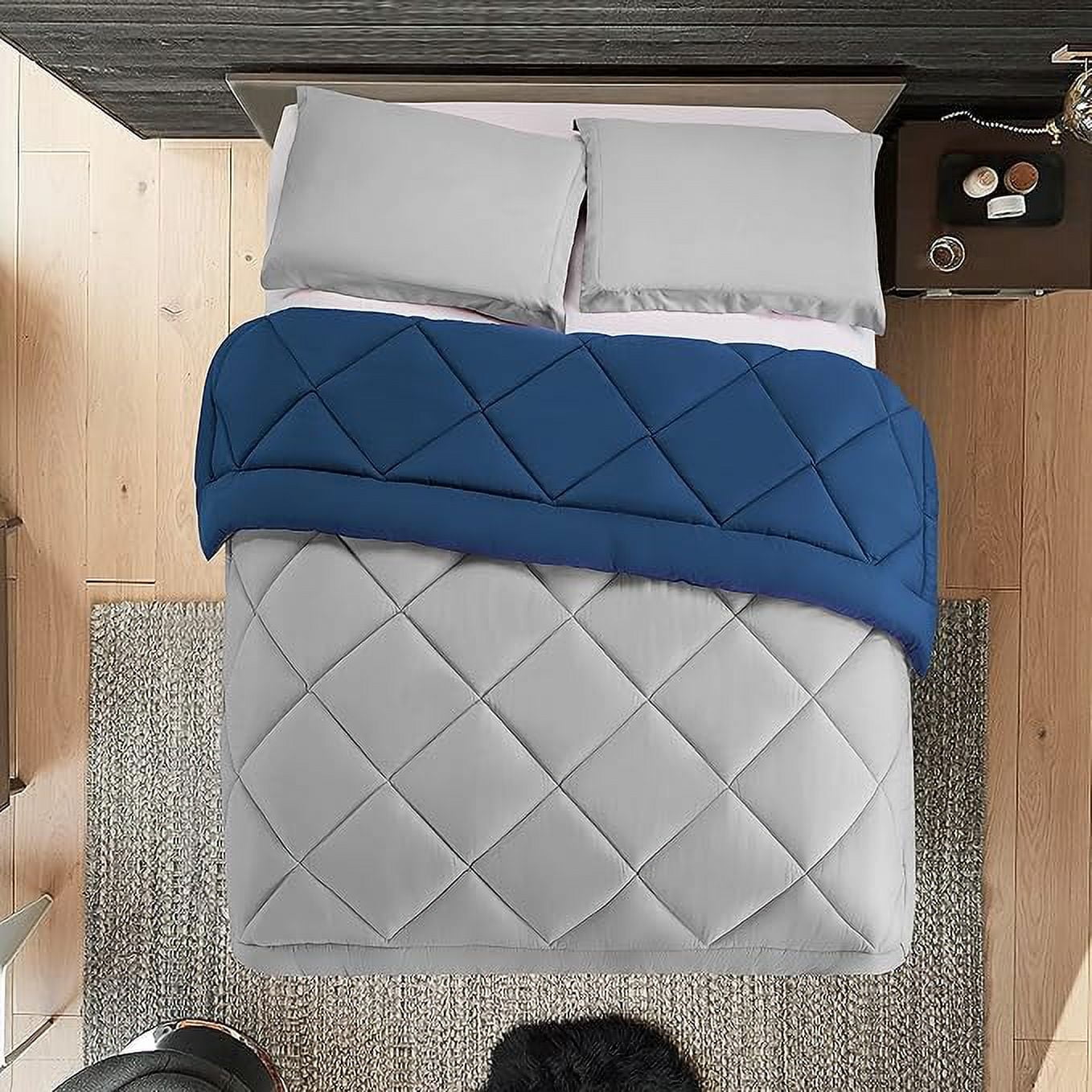 Elegant Comfort Reversible 3-Piece Comforter Set All Season, Ultra Soft, Down Alternative Comforter, 3PC Comf-F/Q, Silver/Navy