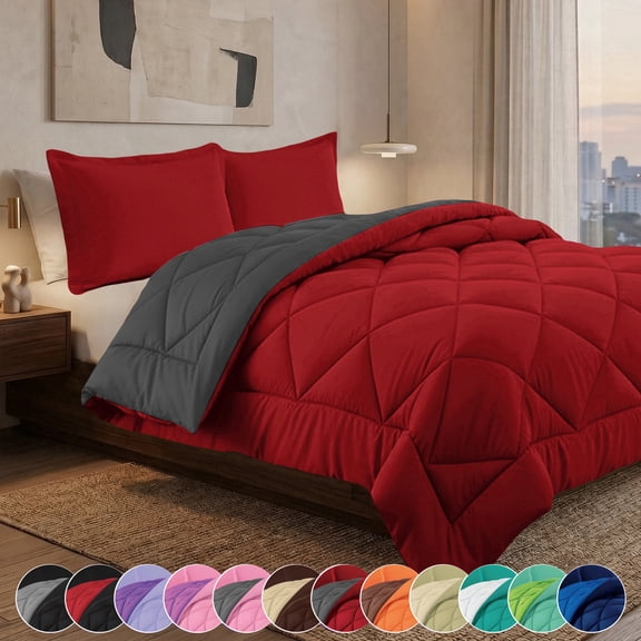 Elegant Comfort Reversible Down Alternative Comforter Set, Soft Microfiber All-Season Bedding, Lightweight Wrinkle & Fade Resistant Comforter, King/King XL, Red/Gray