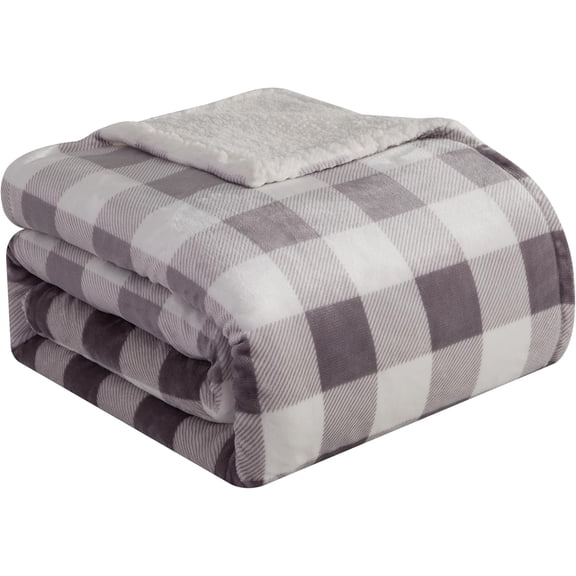 Elegant Comfort Reversible Buffalo Plaid Flannel Sherpa Blanket - Soft Fleece Throw for Couch or Bed - Plush Warm Winter Blanket, Full, Gray